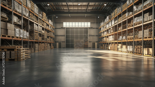 3d rendering of warehouse with shelves and shelves in industrial warehouse.