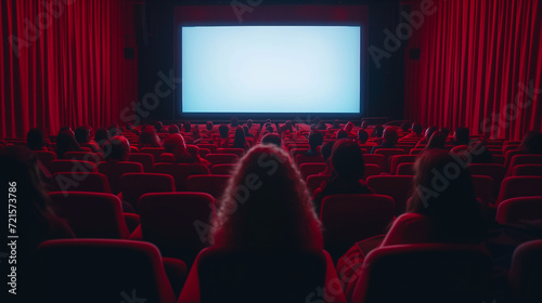 Movie or theater auditorium with rows of red seats and blank screen