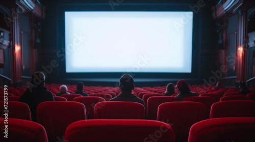 Cinema auditorium with empty white screen and rows of red seats