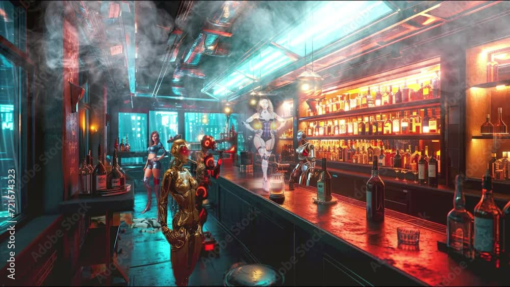 Futuristic bar with advanced robots and a vtuber avatar, under neon lights with a music visualizer ambiance, perfect for tech-themed visuals.