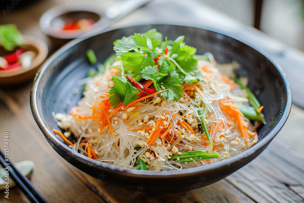 Delicious Asian rice glass noodles with Vegetables. Image for cafe and restaurant menus Delicious Asian rice glass noodles with Vegetables. Image for cafe and restaurant menus
