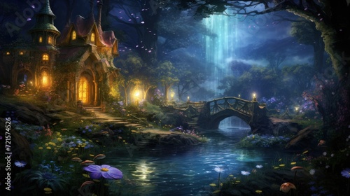 Enchanted fantasy forest landscape with magical waterfall and cottage. Fairy tale scenery.