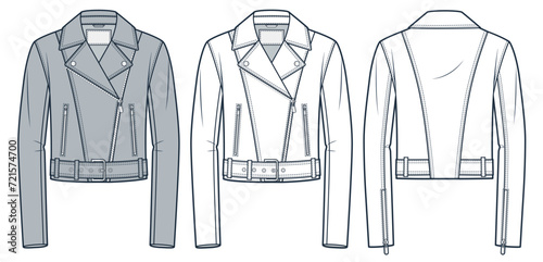 Unisex Biker Jacket fashion flat technical drawing template. Leather belted Jacket technical fashion Illustration, front and back view, white, grey, women, men, unisex CAD mockup set.