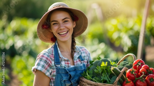 Cheerful woman carrying fresh vegetables from a garden