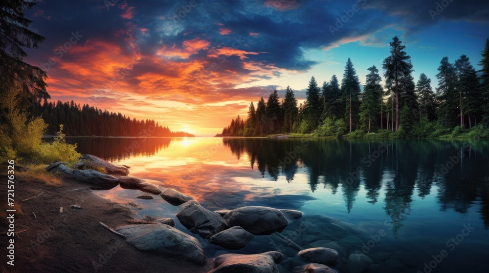 Scenic lake view at sunset with vibrant sky reflections. Nature and serenity.