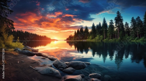 Scenic lake view at sunset with vibrant sky reflections. Nature and serenity.