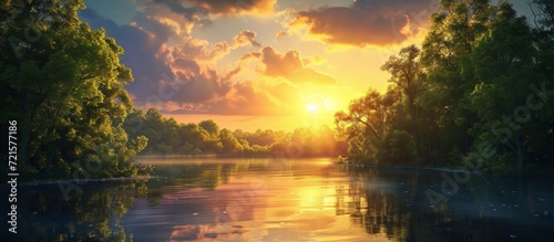 Captivating Nature: Embracing the Beauty around Us with Majestic Sunset, Serene River, and Lush Trees photo