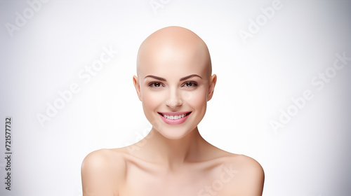 Beautiful young woman with bald head after chemotherapy on isolated white background, World Cancer Day.