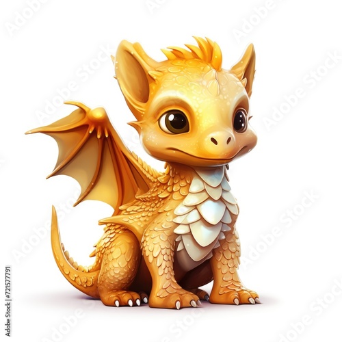 Focused little dragon with golden opalescent scales isolated on the background. Children friendly