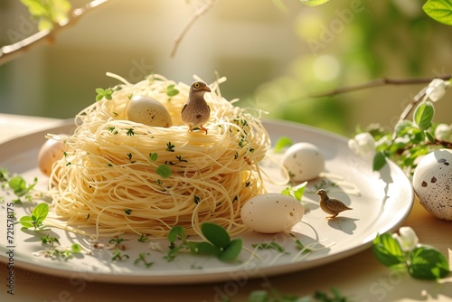 An elegant serving of angel hair pasta, delicately flavored with a light herb and lemon sauce, and shaped to resemble a bird's nest.  photo