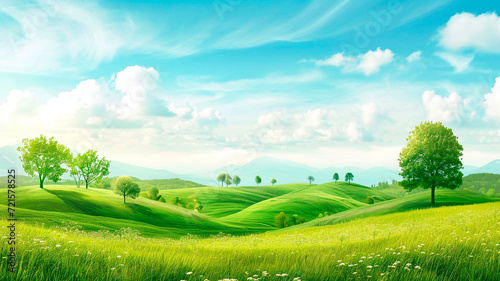 A spacious green field with a lone tree on a sunny day. minimalism in the open air. Generative AI