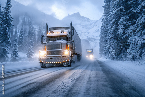 A lone truck braves the wintry landscape, cutting through the fog as it journeys across the snowy road towards the towering mountains in the distance