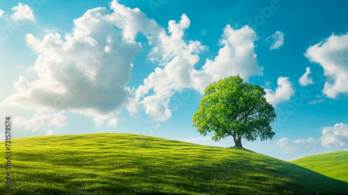 A spacious green field with a lone tree on a sunny day. minimalism in the open air. Generative AI