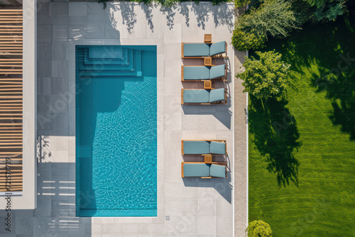 Aerial view of a luxurious backyard with a pristine swimming pool, sun loungers lined up neatly on a tiled poolside, surrounded by lush green grass. photo