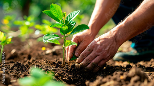Close-up of hands planting a small plant in the ground. illustration of caring for the environment. greening the world. restoring nature. Generative AI photo