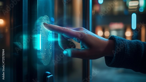 A hand scanning a fingerprint on a touch-sensitive door handle, emphasizing the intuitive and secure nature of biometric authentication in physical access points.