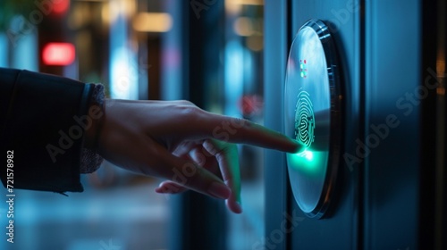 A hand scanning a fingerprint on a touch-sensitive door handle, emphasizing the intuitive and secure nature of biometric authentication in physical access points.