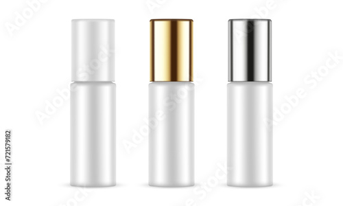 Set Of Blank Biophotonic Cosmetic Bottles, Different Caps, Isolated On White Background. Vector Illustration