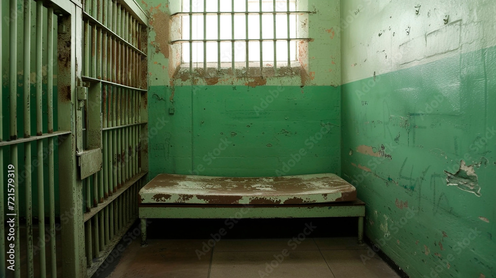 an empty prison cell with a bed. The walls and windows are covered with metal bars. Generative AI