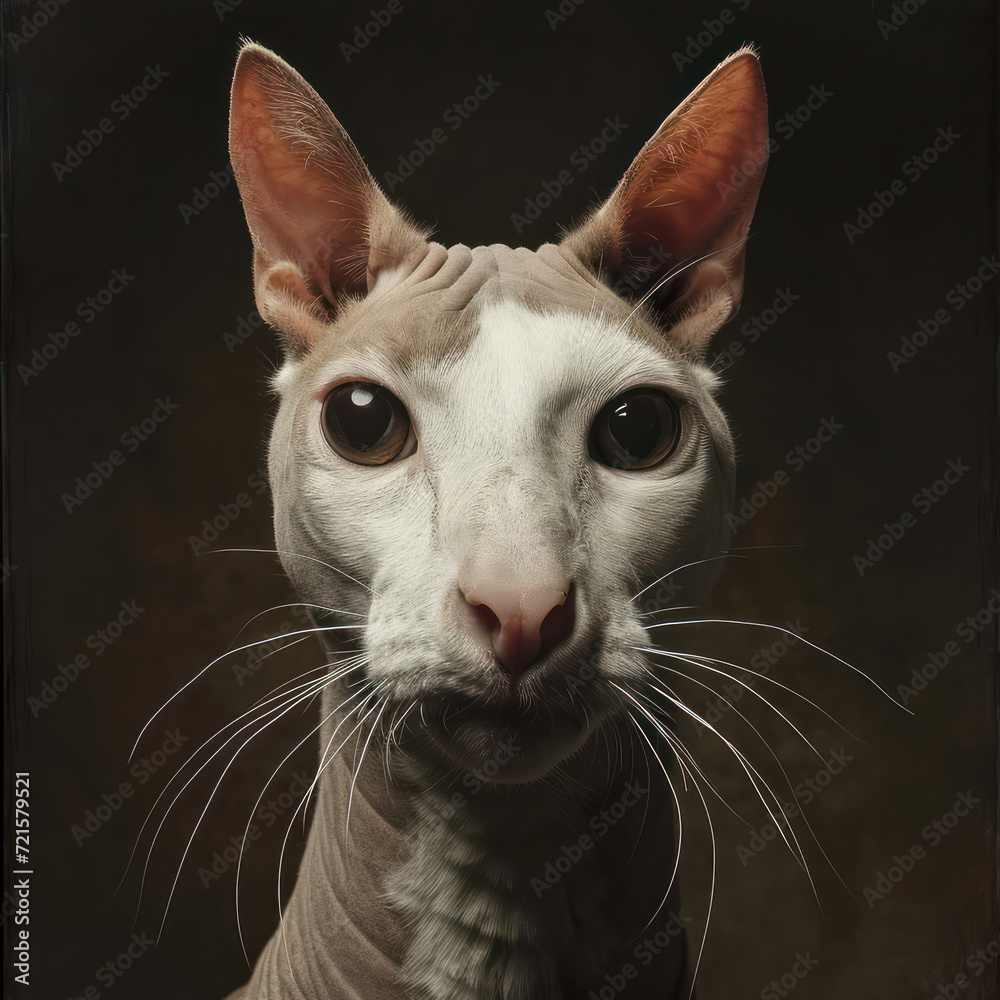 Portrait of a Sphynx cat with large ears and eyes, looking directly at the camera against a dark background, displaying its unique hairless skin. Looking like a horse. Portrait of a Sphynx cat with large ears and eyes, looking directly at the camera against a dark background, displaying its unique hairless skin. Looking like a horse.