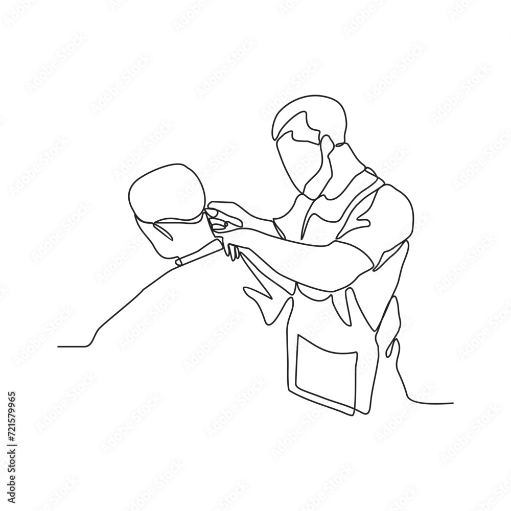One continuous line drawing of a barber is shaving his customer in the barbershop vector illustration. Barbershop activity illustration in simple linear style vector concept. suitable for your asset. One continuous line drawing of a barber is shaving his customer in the barbershop vector illustration. Barbershop activity illustration in simple linear style vector concept. suitable for your asset.