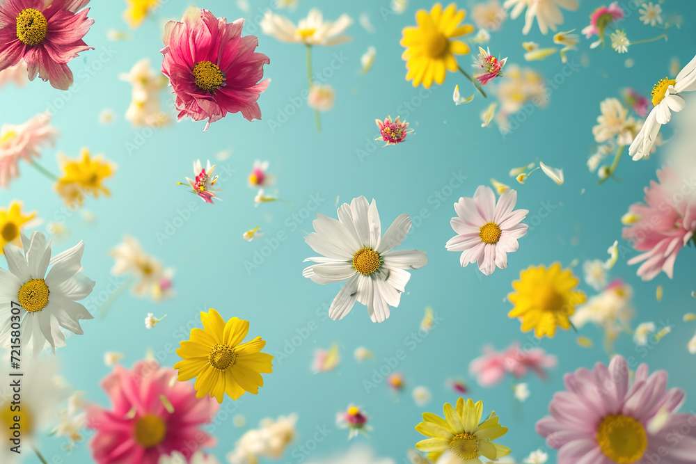 Obraz premium Floated in the air randomly spring various flowers with copy space.