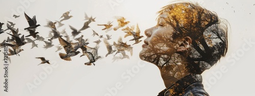 Side profile of a person with head transforming into birds in a surreal art style.