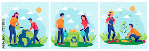 Set of vector illustrations for Earth Day. Caring for the environment, collecting garbage, planting trees, caring for planet Earth. Let's save our planet Earth