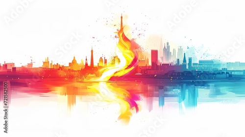 Abstract figure of an Olympic torch bearer against the city skyline in vibrant colors.