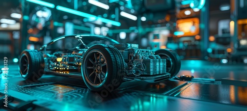 3D graphics rendering showing a fully developed electric vehicle prototype. Translucent image of the body allows to see the layout of components and assemblies. Blue neon lighting. © Georgii