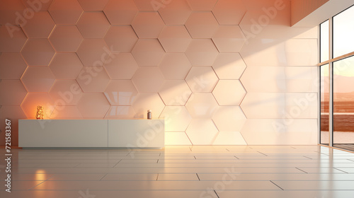 Reception desk in a modern lobby with geometric wall design, sunset view
