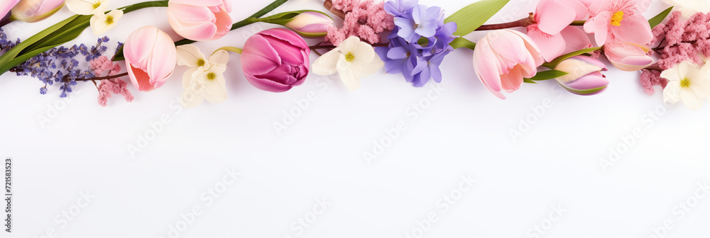 Beautiful spring banner with delicate flowers tulips, daffodils, lilacs, forget-me-nots on light background with copy space