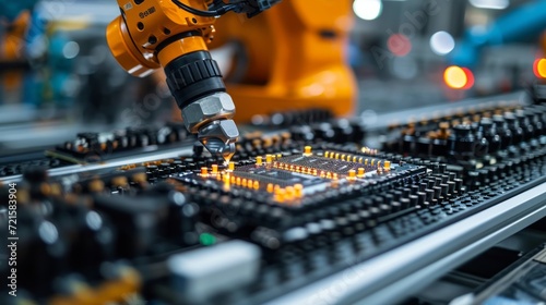 Close-up of assembly line in modern hi-tech facility. Conveyor in a bright modern industrial workshop. Robotic hand operates and monitors an automated assembly line for electronic devices and gadgets.