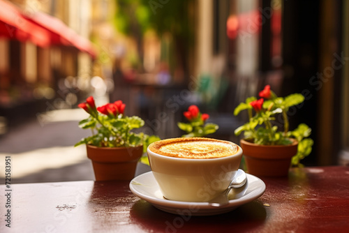 A cup of aromatic cappuccino latte coffee on a table with flowers in pots of a street cafe on an old European street