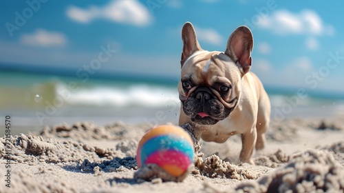 bulldog on the beach, a French Bulldog with a playful demeanor, engaged in a game of fetch with a colorful ball on a sandy beach. The dog's sandy coat contrasts beautifully with the azure sky and roll