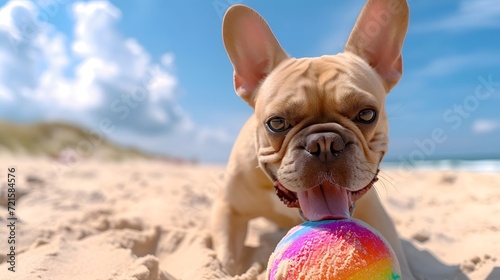 a French Bulldog with a playful demeanor, engaged in a game of fetch with a colorful ball on a sandy beach. The dog's sandy coat contrasts beautifully with the azure sky and rolling waves