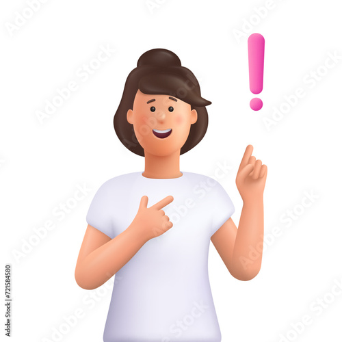 Young smiling woman pointing finger up to exclamation point. Idea, warning or attention concept. 3d vector people character illustration. Cartoon minimal style.