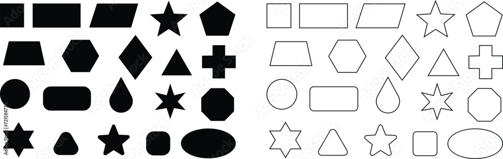 Basic geometric shapes kids, black cute line and flat icons set, cartoon characters isolated on transparent background. Education and children game. Geometric primitives vector collection. Basic geometric shapes kids, black cute line and flat icons set, cartoon characters isolated on transparent background. Education and children game. Geometric primitives vector collection.