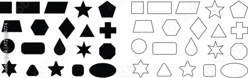Basic geometric shapes kids, black cute line and flat icons set, cartoon characters isolated on transparent background. Education and children game. Geometric primitives vector collection.