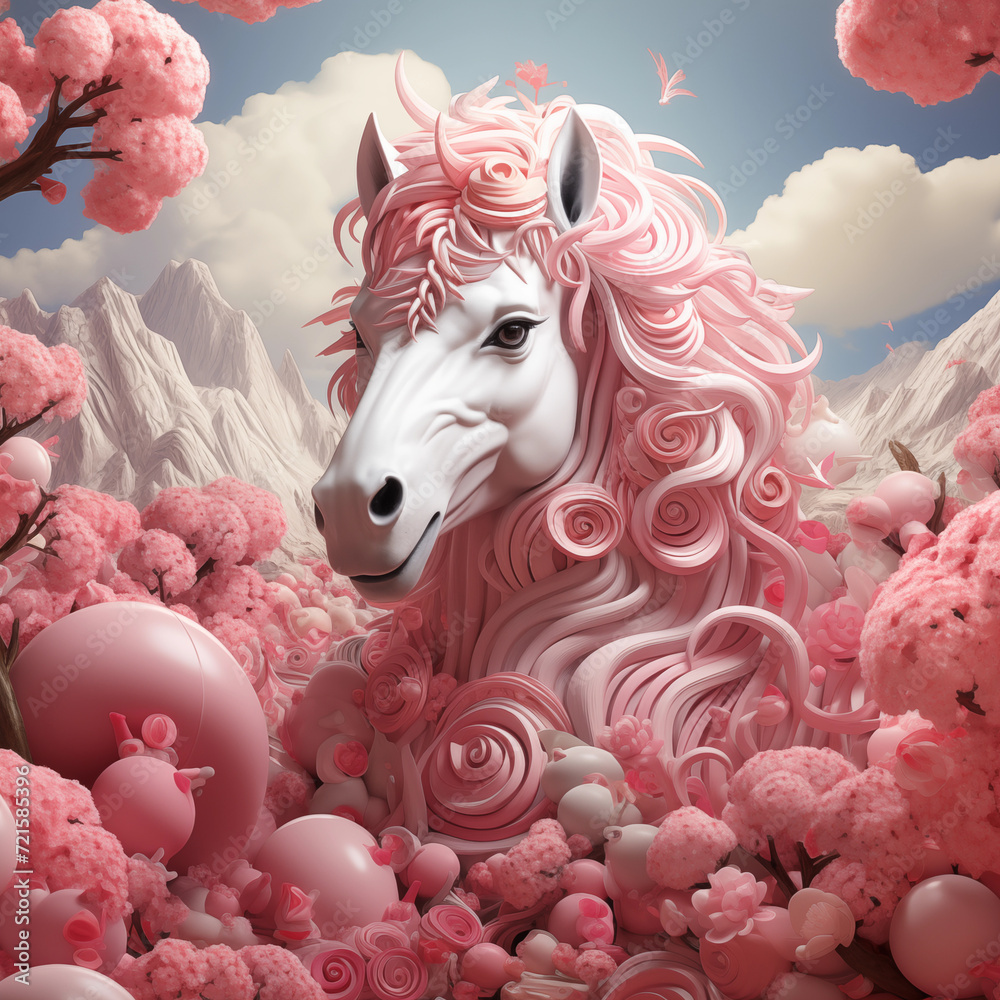 Celestial Equine Symphony White Horse in Peachy Bliss