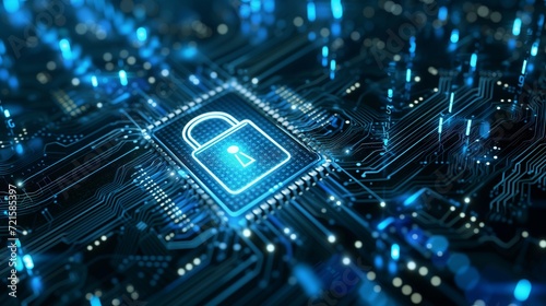 Glowing security lock on intricate circuit board highlighting cybersecurity