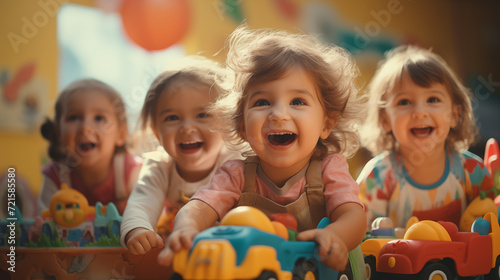 A group of happy toddlers playing with colorful toys in kindergarten