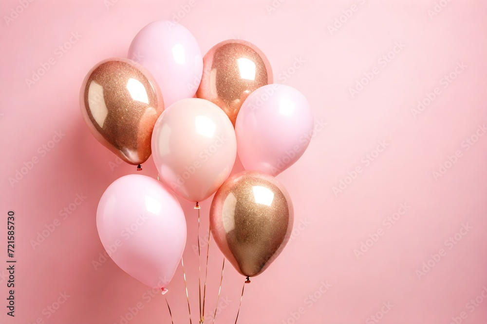 Shiny gold and pink balloons on a light pink soft pastel background. Card for Christmas, wedding, women's day, birthday, Valentine's day, mother's day.