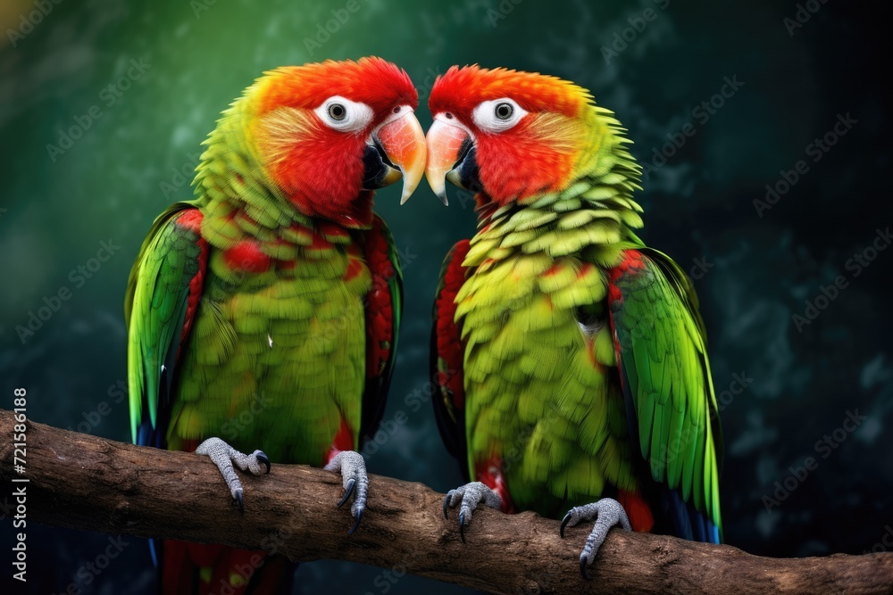 Romantic Love Bird in a Colourful Tropical Setting: Red Parrot with Green Beak 
