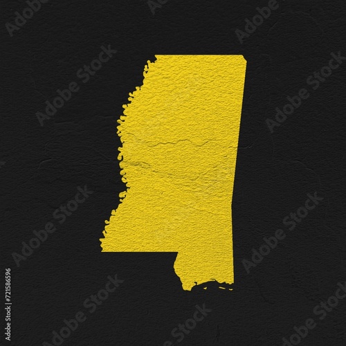 Mississippi yellow map on isolated black textured background. High quality coloured map of Mississippi, USA. photo