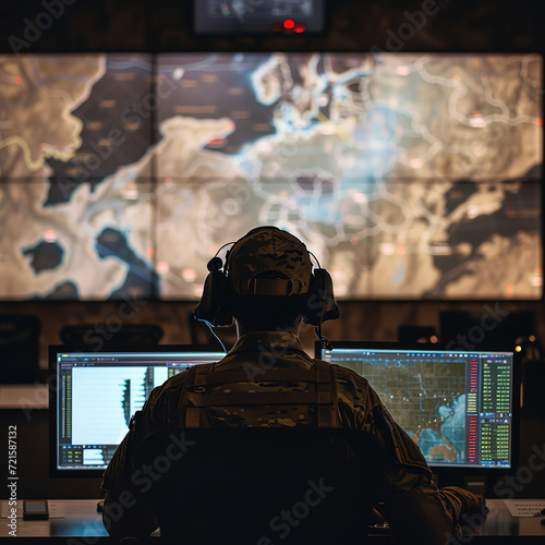 An army officer is in the surveillance room. The operator is watching the monitors. photo