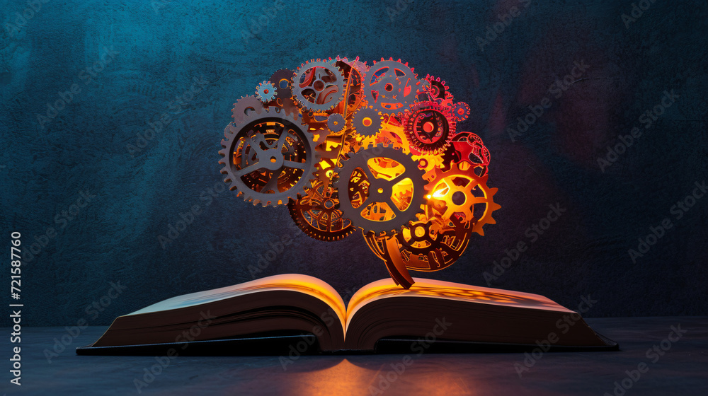 Illustration of Brain Gears: Knowledge-Powered Symphony of Books - obrazy, fototapety, plakaty 