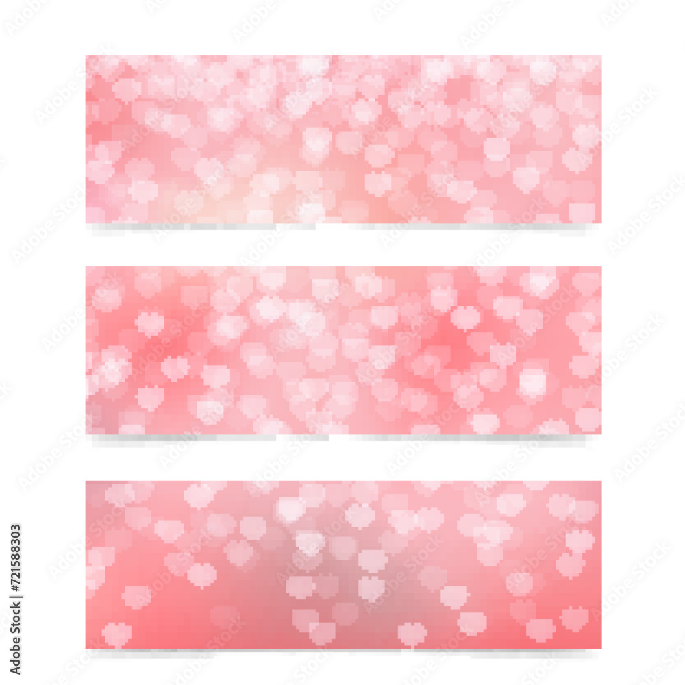 Set of 3 horizontal banners for Valentines Day. Soft pink hearts background. Vector template for website, social media, etc.