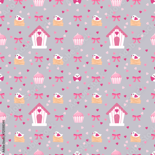 Seamless pattern with hearts, birds, birdhouses, bows. Gray-pink pattern.