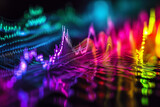 multicolored 3D surround sound waves on a dark background. Abstract swirl striped wave Green Purple Pink Magic neon, vertical peak lines, Energy flows